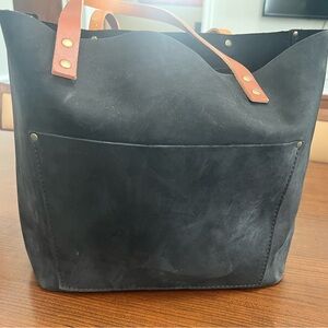 Portland Leather Large Shadow Black Tote with Tan Handles